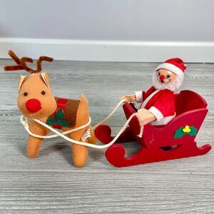 1986 Kurt Adler Felt Santa Clause Wood Sleigh and Rudolph the Red Nosed Reindeer